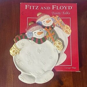 💙 Vintage Fitz and Floyd Frosty Folks Canape Plate Snowman Dish In Box EUC
